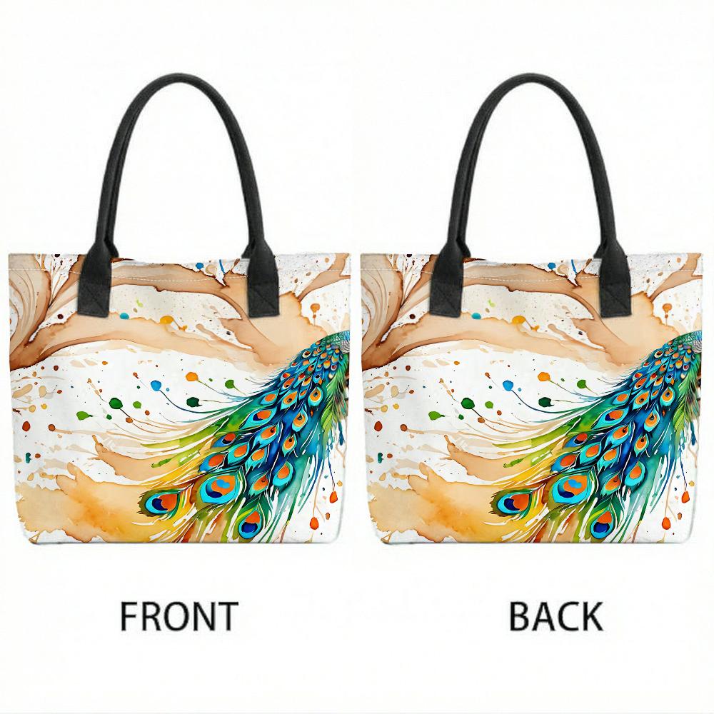  Watercolor Peacock Print Large Tote Bag Fashion Casual Large Capacity Daily Top Handle Shoulder Handbag