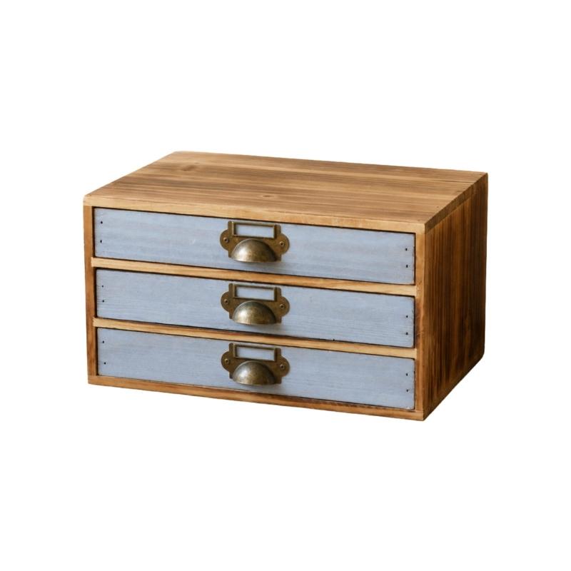Three Compartment Wooden Desk Storage Cabinet, Tabletop Box with Metal Pulls for Mail, Jewelry, Office and Dresser Area