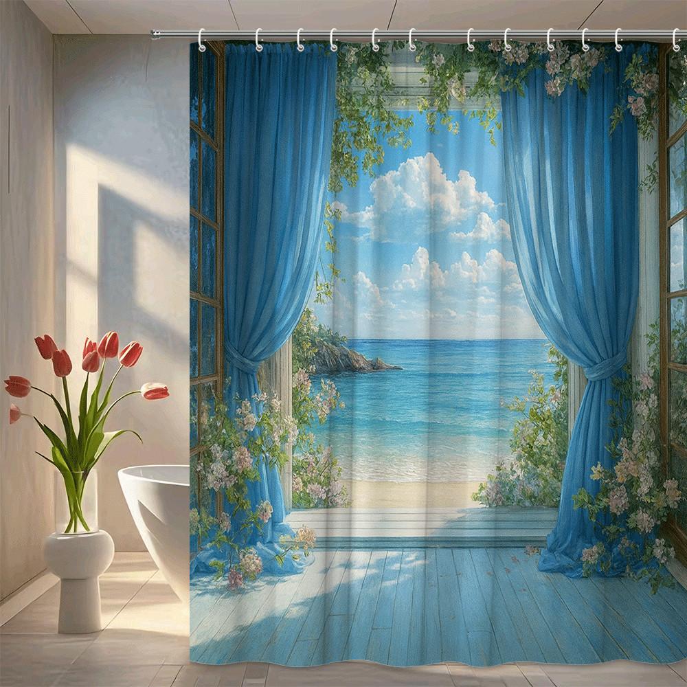 

Ocean View Window Shower Curtain Blue Curtains And Flowering Vines Beach Scene Coastal Bathroom Decor Waterproof Non-Toxic W60H190(CM)-1 Pcs