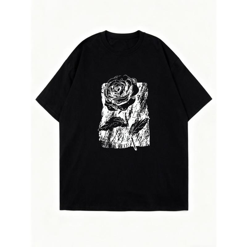 Black Oversized T Shirt With Rose Print For Casual Wear
