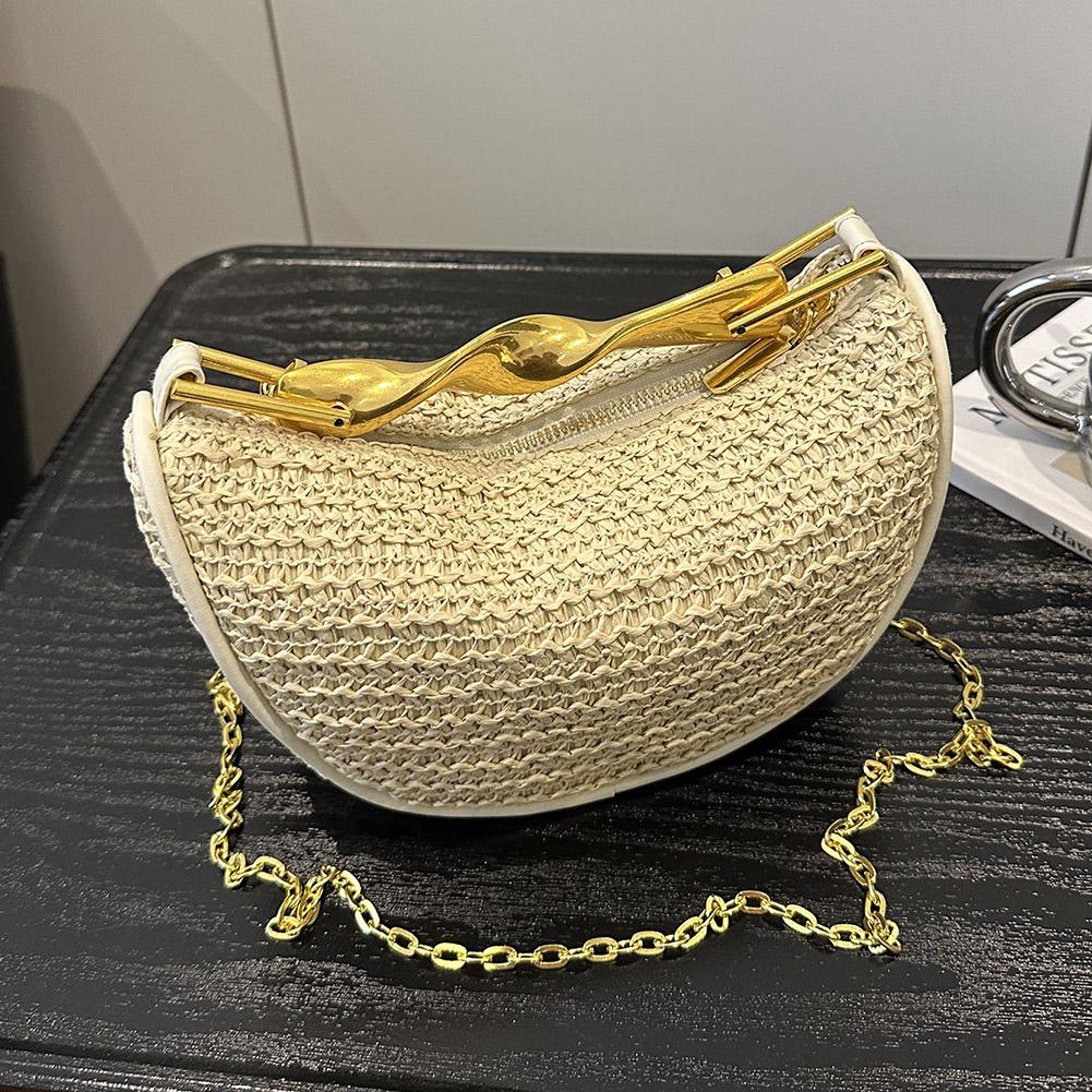 Women Handwoven Shoulder Bag with Metal Handle Elegant Knitting Sling Bag Zipper Closure Straw Crossbody Bag Commute Bag белый 6190₽