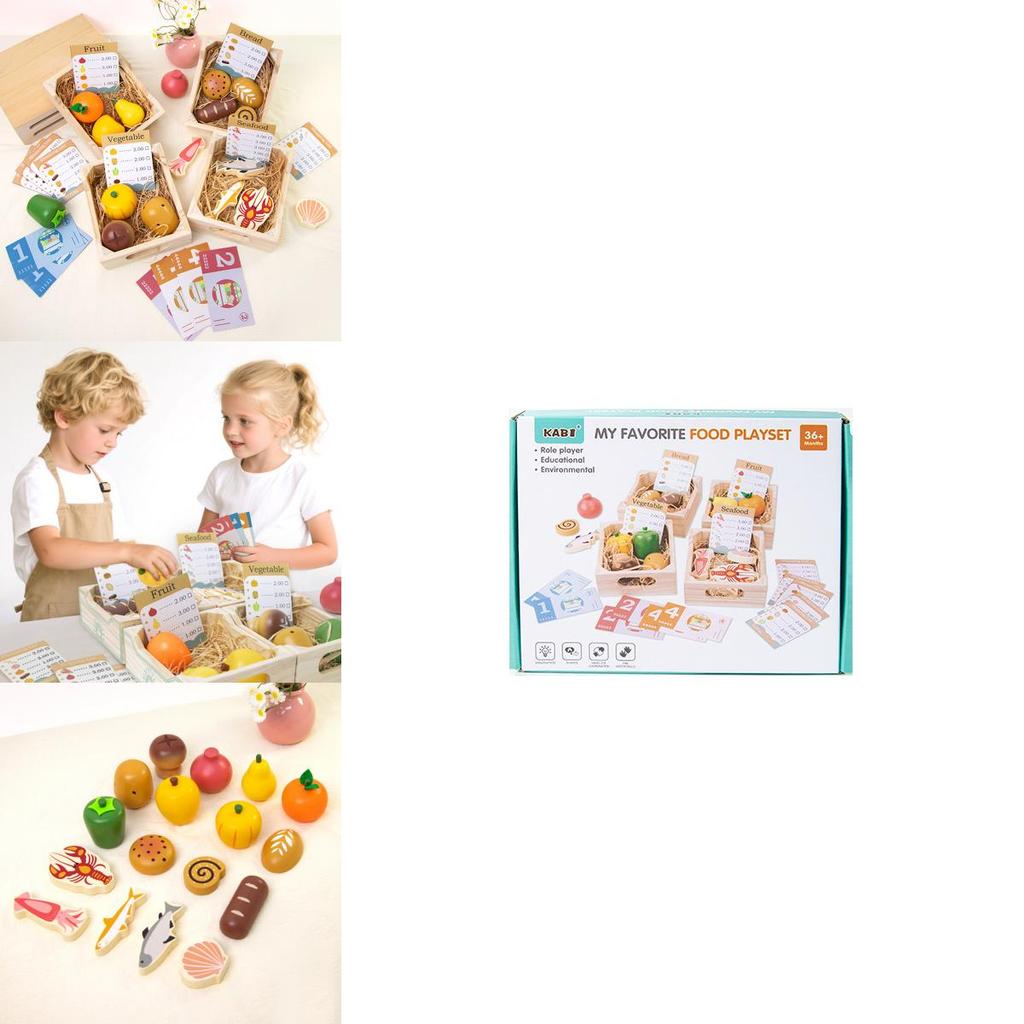 Wooden Simulation Boxed Fruit Bread Sea Food Vegetables Children Toys Set For Kids Imaginative Cooking Fun