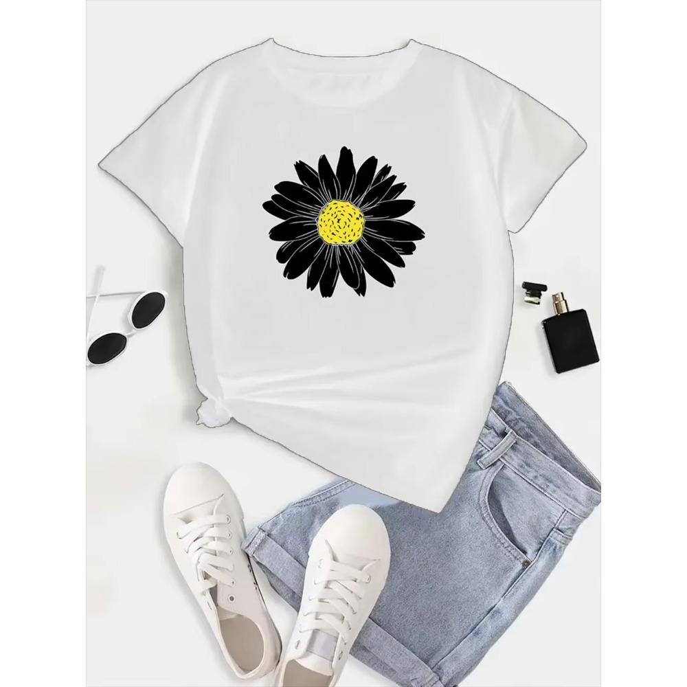 Plus Size Daisy Print Short Sleeve T-shirt Women's Plus Slight Stretch Round Neck Casual Tee