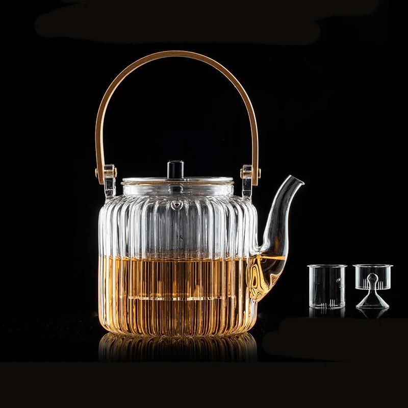 Tetera de Vidrio para Hervir y Cocer al Vapor con Patrón de Rayas Verticales Japonesas Tetera para Té de Flor de Puer Tetera de Té Kungfu Olla con Asa de Bambú Plana