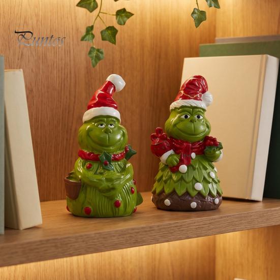 Indoor Seasonal Decorations Christmas Green Monsters Ornament with Santa Hat And Scarf, Resin Frog Theme Landscape Figurine for Home Decoration,
