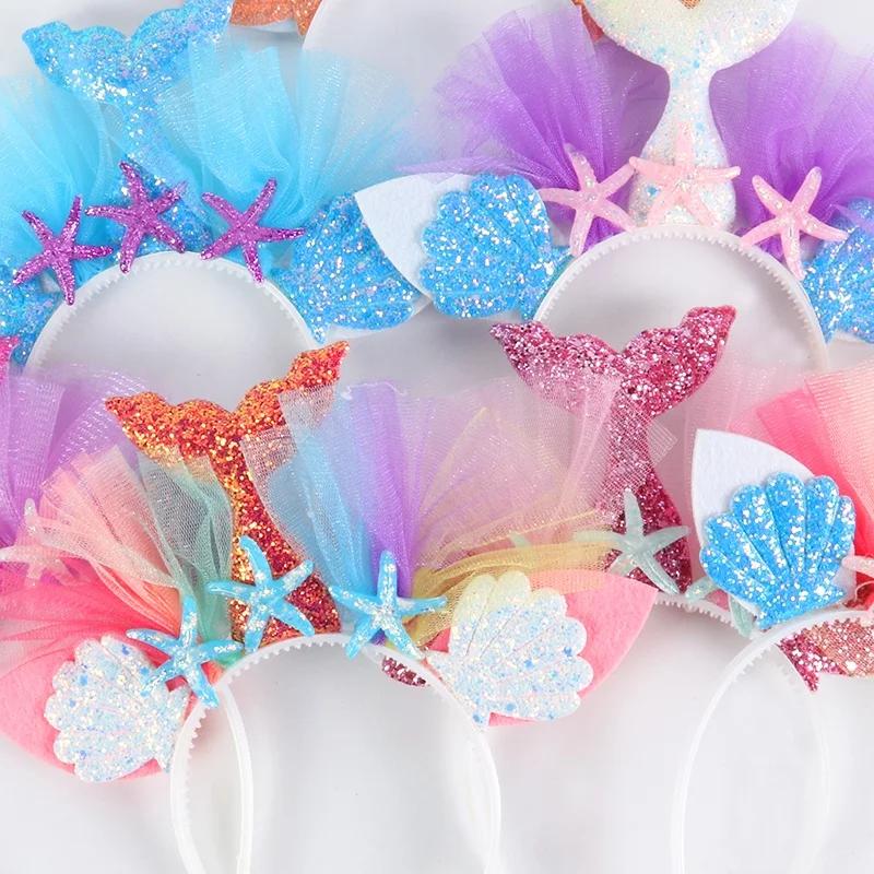 Little Mermaid Party Crown Headband Mermaid Tail Hat Photo Props for Girl Birthday Party Mermaid Hair Accessories