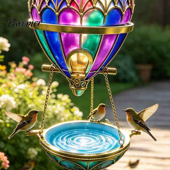 Garden Fountain Decor Stained Glass Hot Air Balloon Bird Feeder Fountain, Hanging with Water Wild Tray, Vintage Bronze Outdoor for Patio Porch