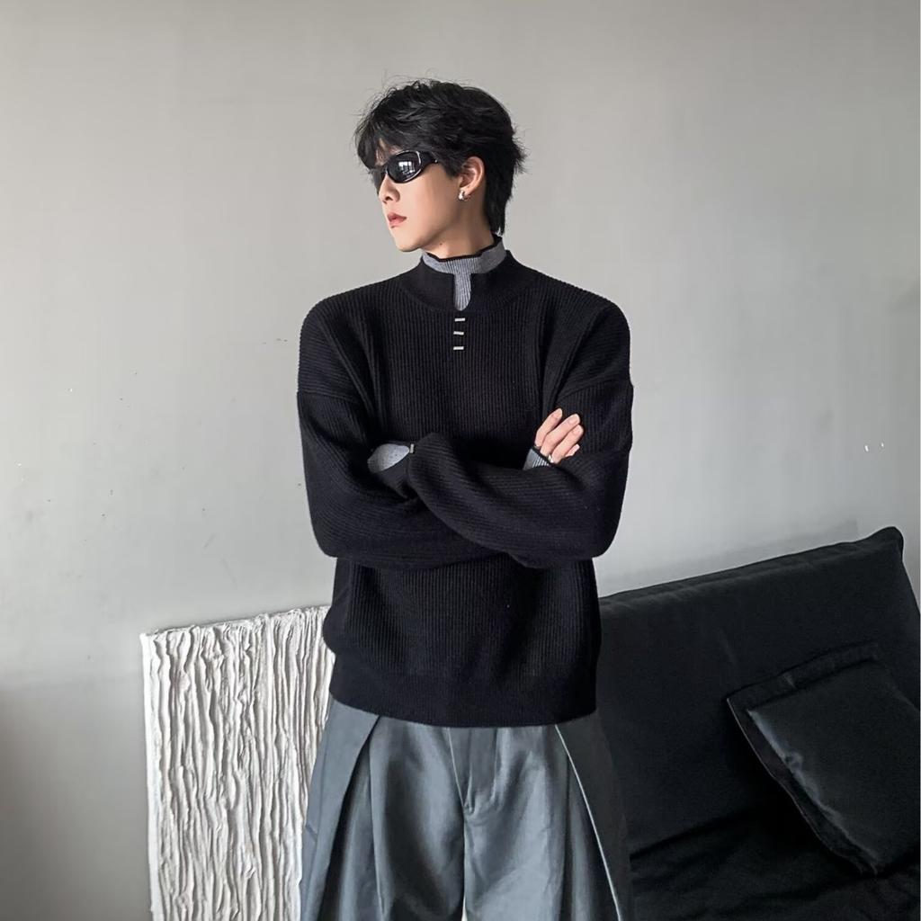 Niche fake two-piece contrasting color double-layer turtleneck sweater men's autumn popular style simple casual knitted sweater top