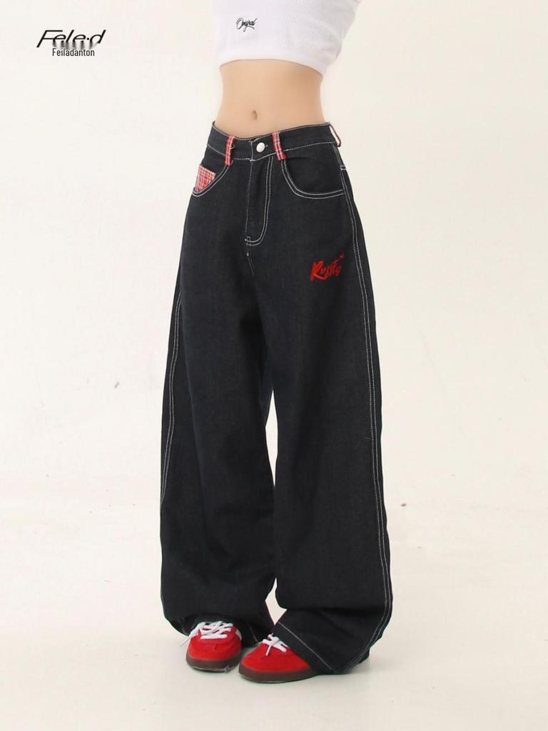 Jeans Rectos con Puño de Patchwork Cuadros Americanos - Pantalones Casuales Retro de Verano para Mujer
