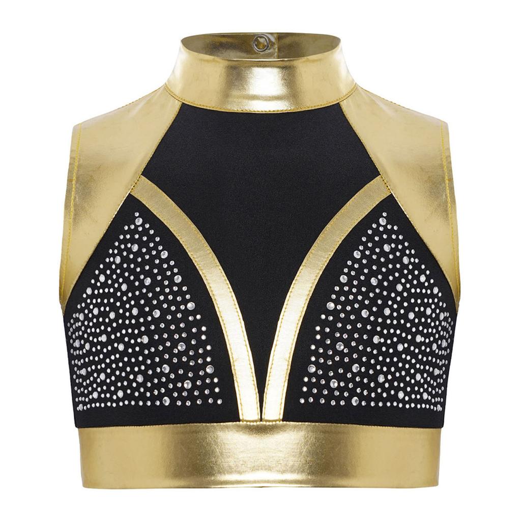 Dívčí taneční crop top s falešným rolákem, bez rukávů, s výřezem na zádech, lesklými kamínky, barevným blokováním, na vystoupení