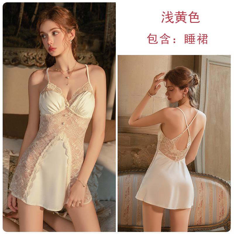 Women's Satin Lace Sheer Button Trim Deep V Padded Sleep Dress with Robe Lounge Set