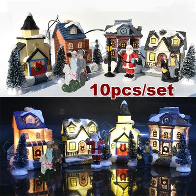 10 Stück/Set Weihnachtsschmuck Leuchtendes Haus Kleines Haus Dekoration Weihnachtsmannanzug Geschenk Geschenk Dekorationen für Zuhause