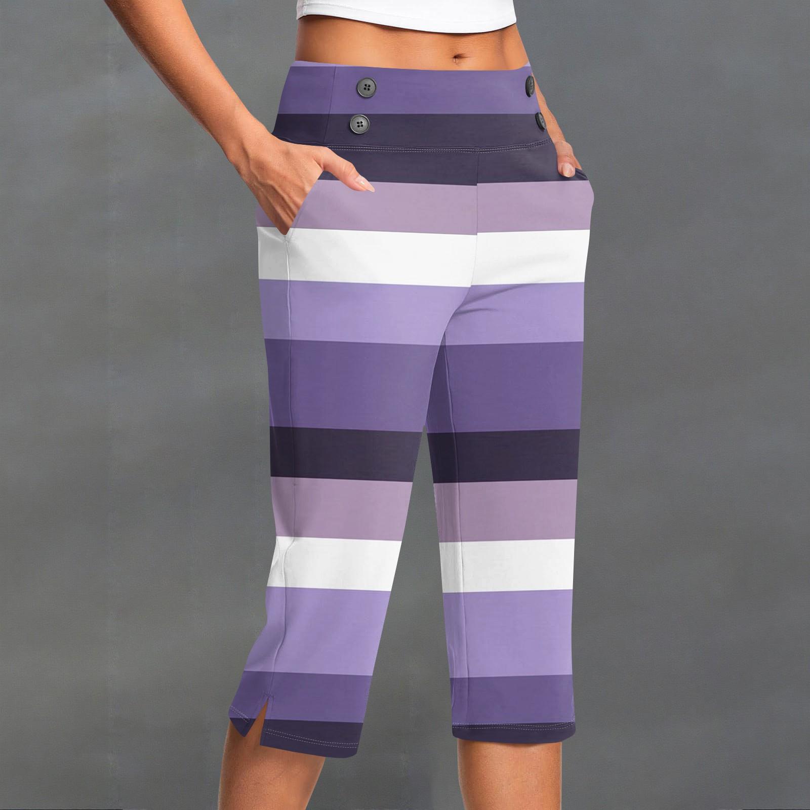 

Женские модные полосатые брюки с пуговицами и карманами, с разрезом, с высокой посадкой, спортивные, для йоги, повседневные, укороченные L фиолетовый
