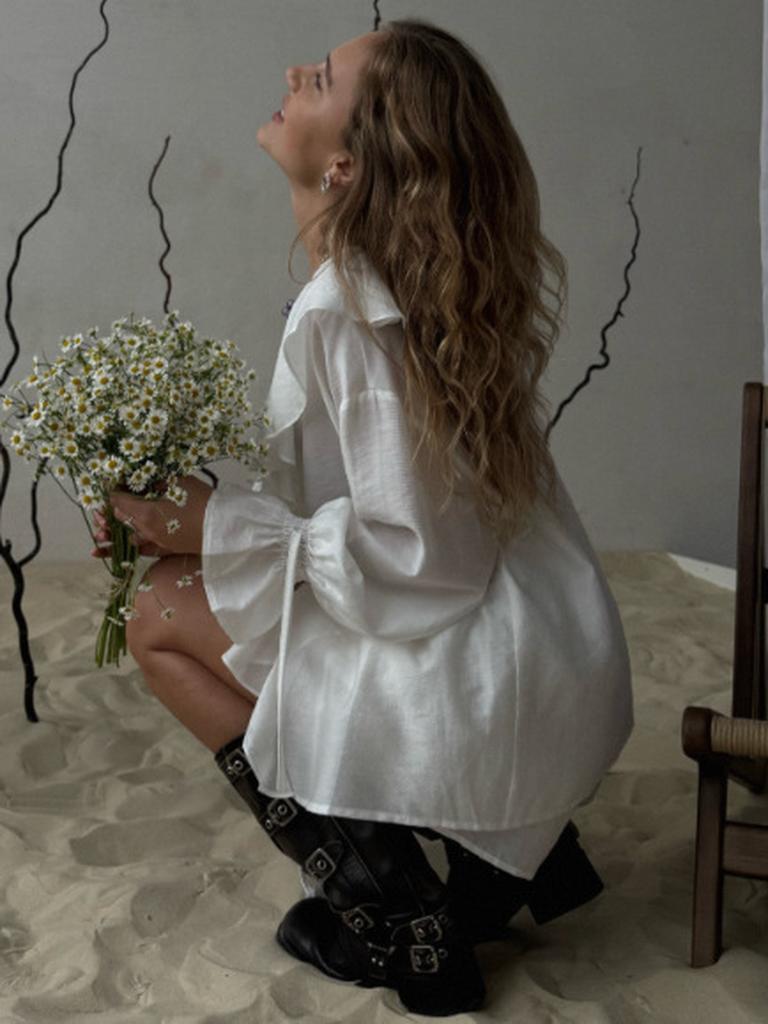 Spring Autumn French Sweet Loose Ruffles Lace Collar Two Piece Set Women's Outfit