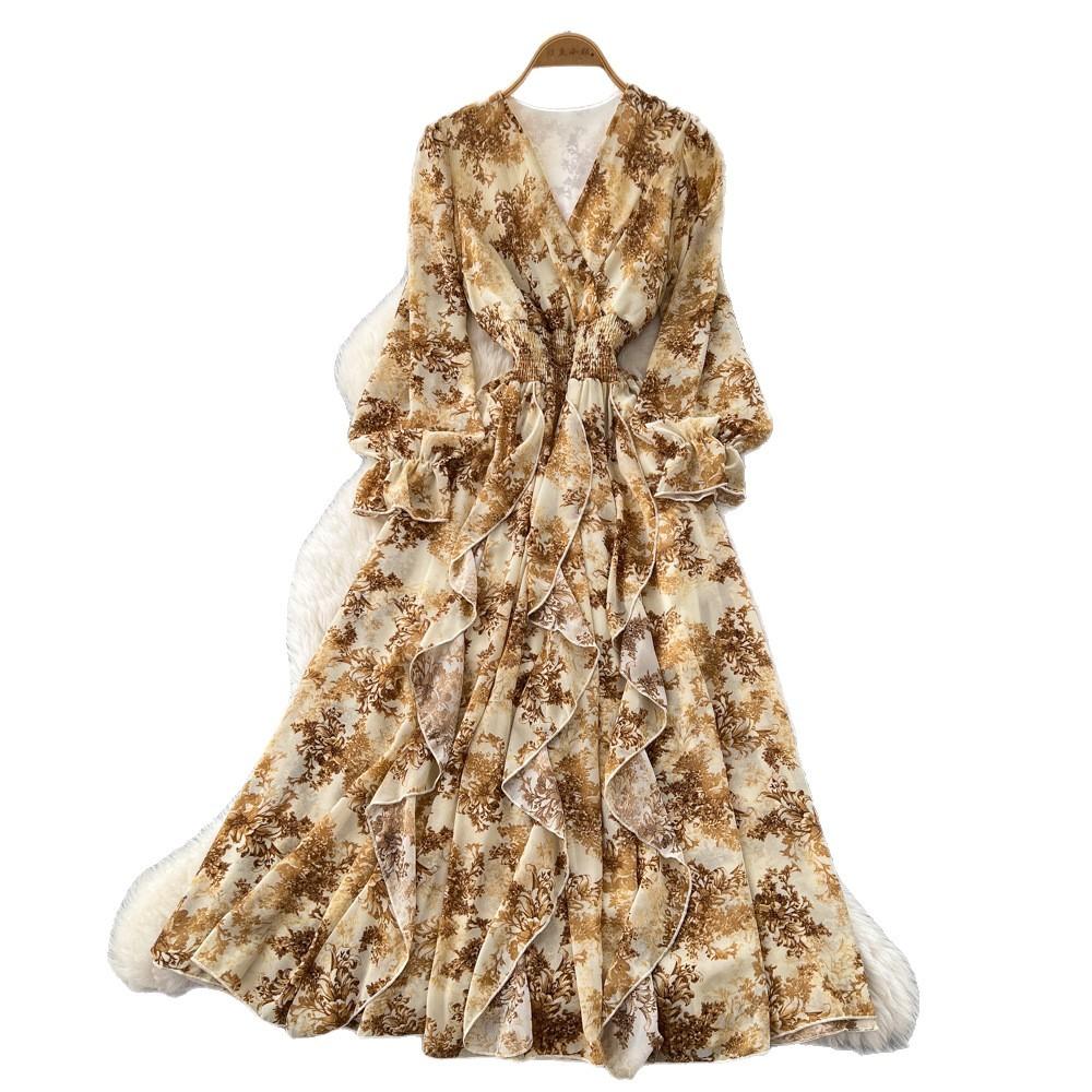 Französisches Retro V-Ausschnitt Langarm Blumen Chiffon Kleid Damen Herbst Taille Temperament Lotusblatt-Rand Langer Rock