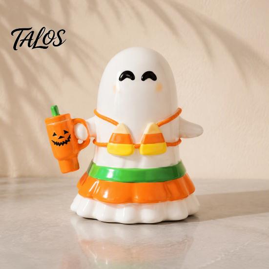 Office Desk Ghost Ornament Halloween Hawaii Bikini Figurine, Holding Pumpkin Cup Statue, Figurine Summer Vacation Resin Sculpture for Decoration