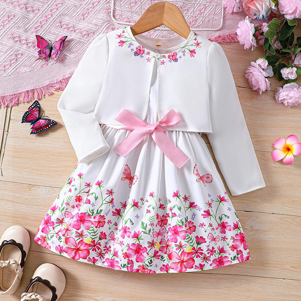Abbigliamento Bambini Nuovi Prodotti per Bambine Primavera ed Estate Vestito Floreale + Giacca Cardigan TZ1033-D