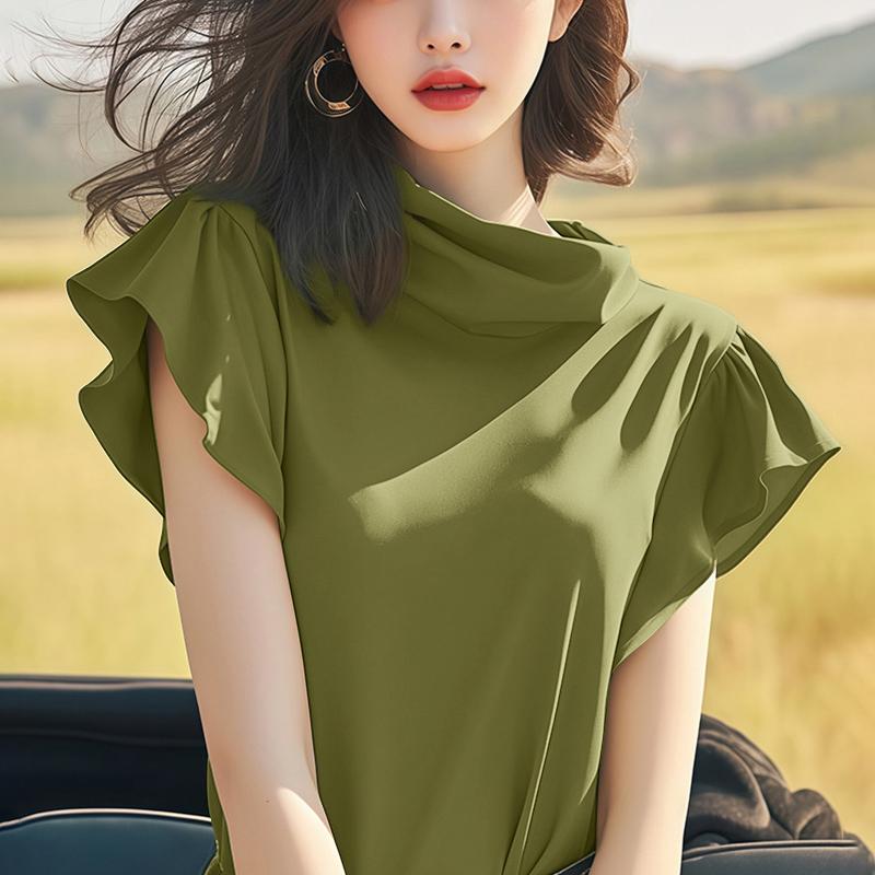 ZANZEA Women Stand Collar Summer Casual Ruffles Short Sleeve Blouse
