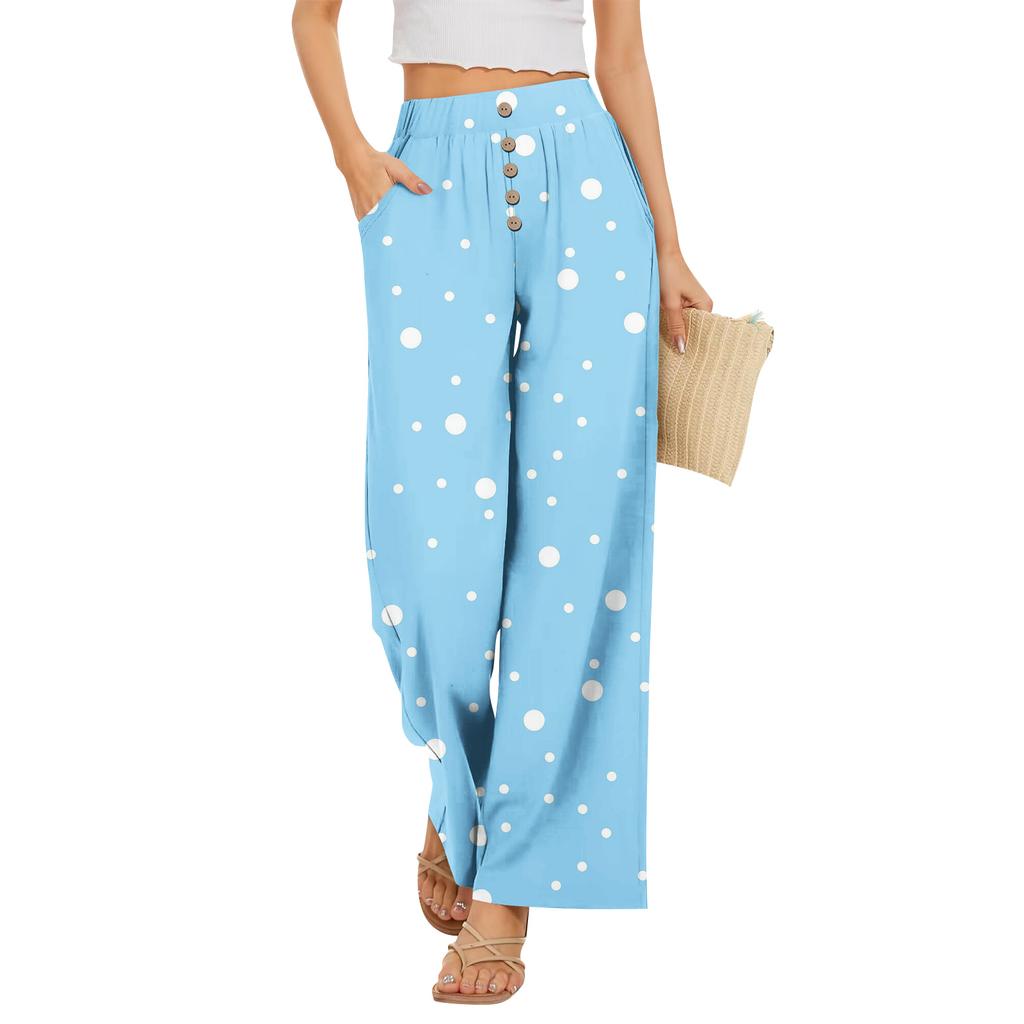 Womens High Waisted Wide Leg Pants Drawstring Palazzo Trousers with Pockets Dot Print Casual Lounge Pant