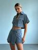 Summer V-Neck Denim Skirt-Pants Set: Women's Irregular Short-Sleeved Top