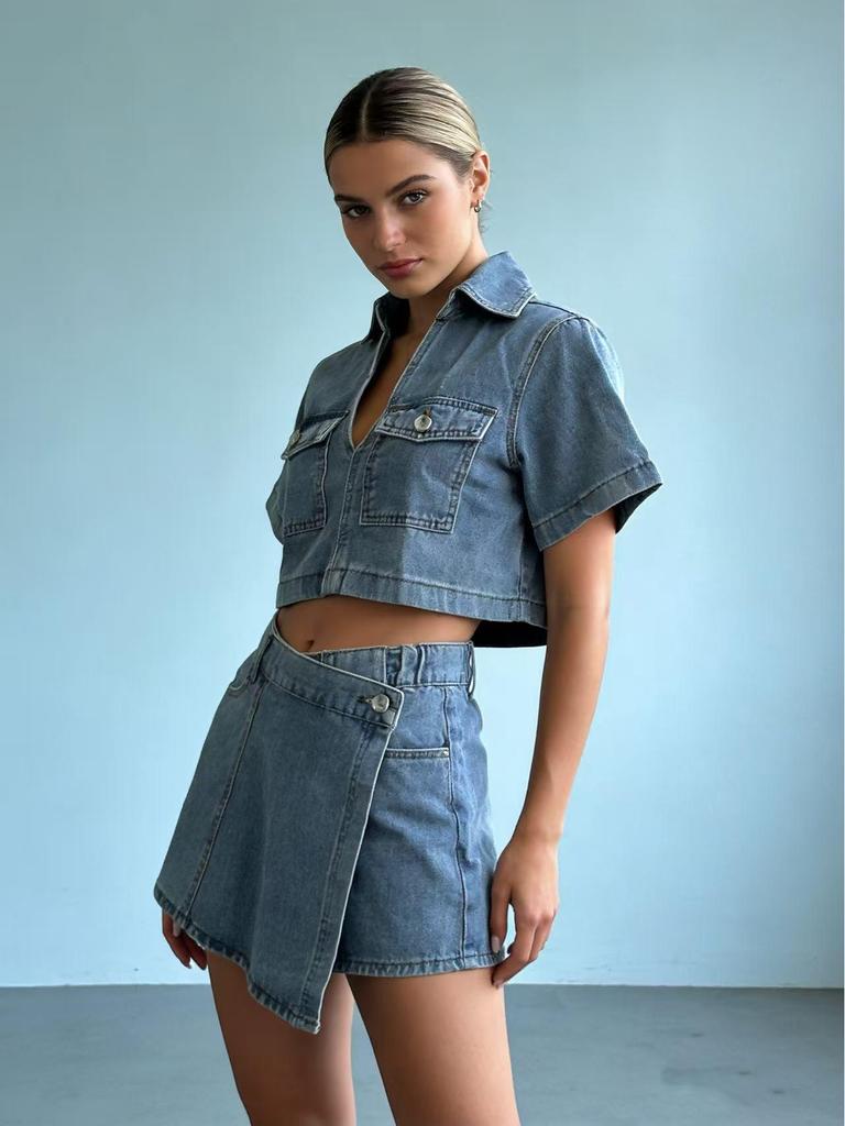 Summer V-Neck Denim Skirt-Pants Set: Women's Irregular Short-Sleeved Top