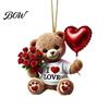 Small Romantic Keepsake Teddy Bear Hanging Ornament, Holding Heart Balloon Red Rose Bouquet Decoration, Car Rearview Mirror Accessory 2D Flat