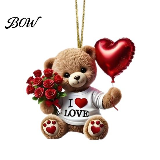 Small Romantic Keepsake Teddy Bear Hanging Ornament, Holding Heart Balloon Red Rose Bouquet Decoration, Car Rearview Mirror Accessory 2D Flat