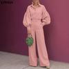 2PCS Women Long Puff Sleeve Blouse and Pants Casual Oversized Two Picecs Sets