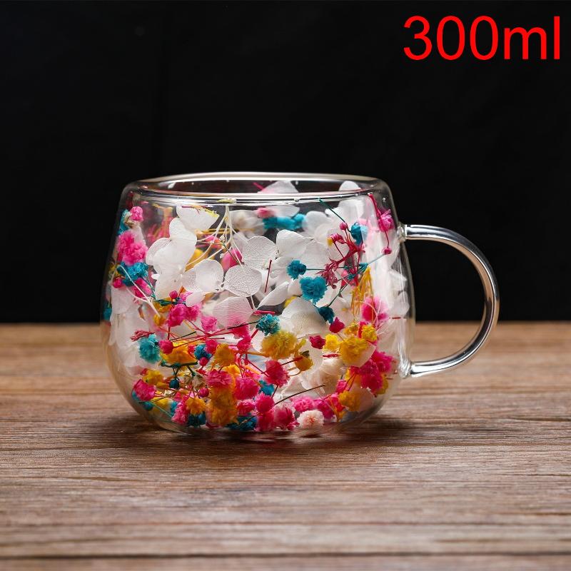 1Pcs Dried Flower Decorative Milk Tea Cup 150/300Ml Double-Layer Dried Flower Glass Cup High Temperature Resistant Coffee Cup