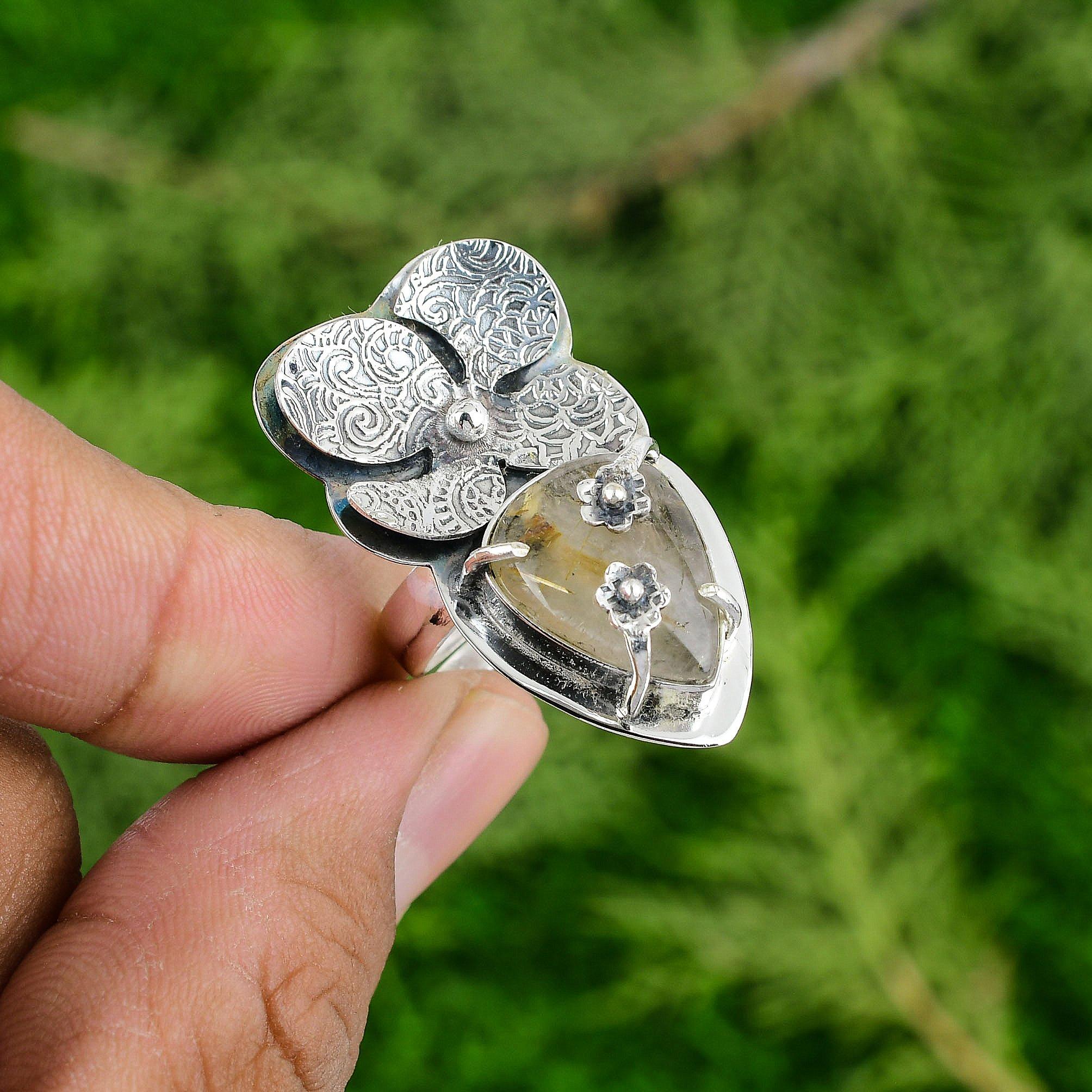 

День матери Сделка Серебро 925 пробы Золотистый рутил Камень Солитер Дочь Цветок Кольцо Adjustable