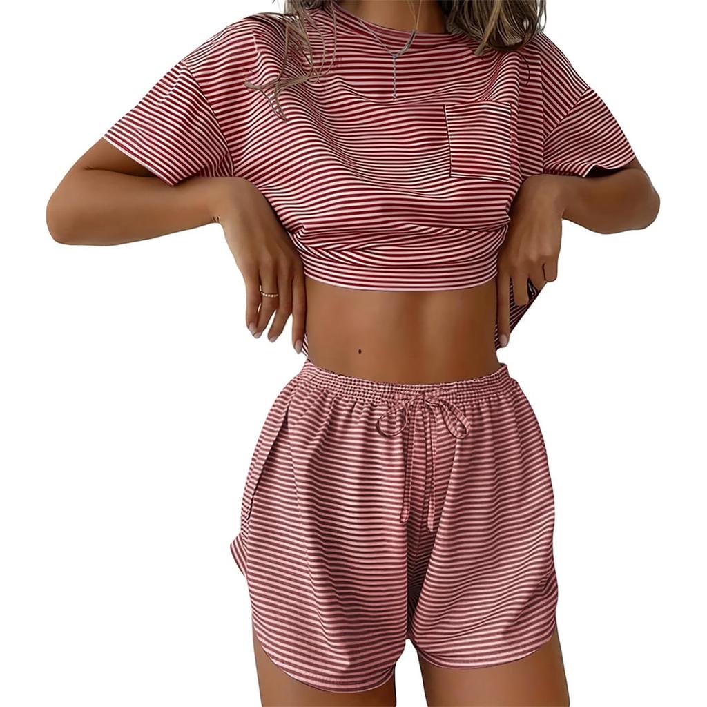 Women's Pajama Set Short Sleeve Striped Printed Two-piece Loungewear  Neck Pajamas Split Shorts Set Soft Sleepwear