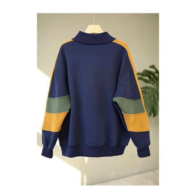 Autumn Winter High Collar Loose Casual Patchwork Velvet Sweatshirt Women Simple Fashion All-match Pullover Top