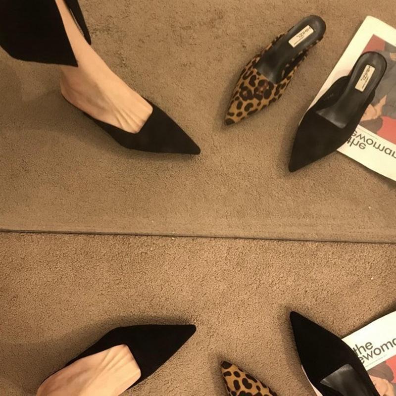 Fashion Pointed Toe Leopard Slippers Women Low Kitten Heel Flock Summer Slides Shoes Sexy Leopard Sandals Slingback Pumps Slippers Women