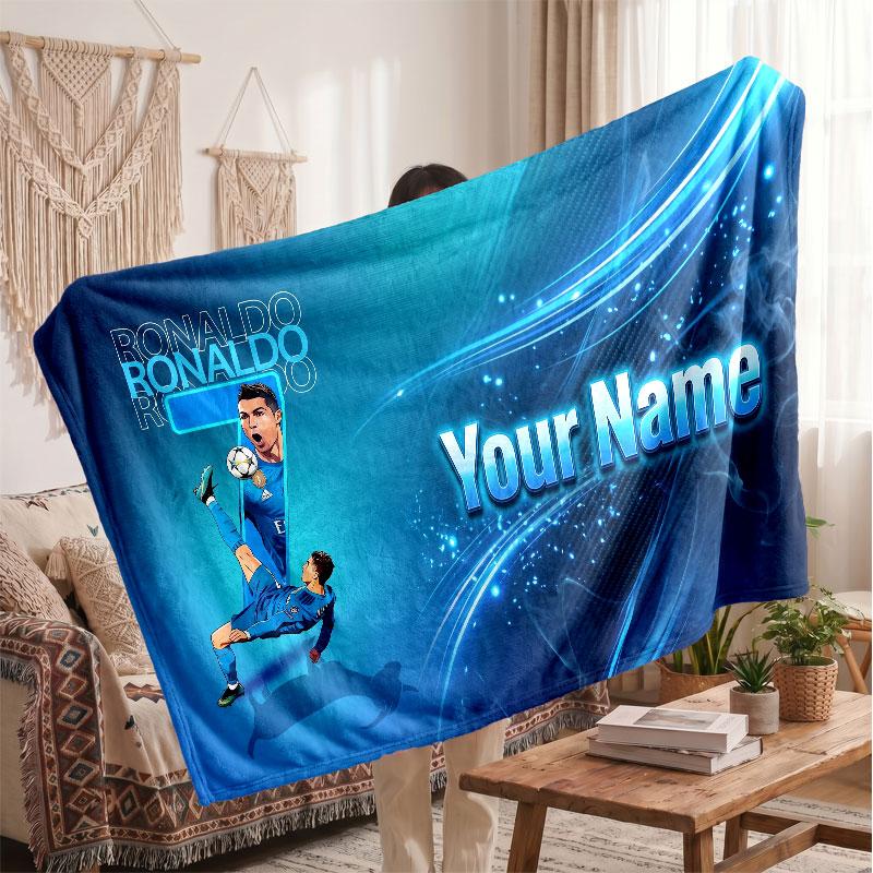 Couverture polaire personnalisée Cristiano Ronaldo avec logo de football, texte de nom personnalisé, couverture d'appoint douce et chaude pour la maison