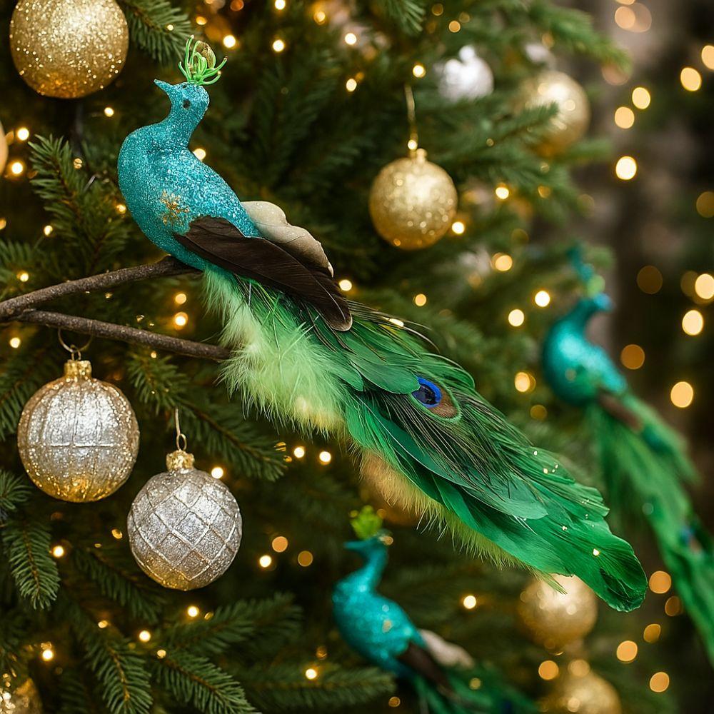 Realistic Christmas Peacock Ornaments Long Tail Peacock Bird Figurine  Xmas Tree Decoration