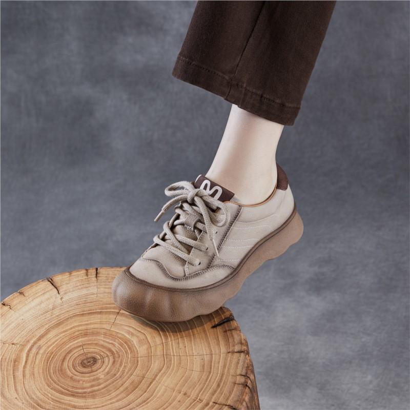 Johnature Retro Genuine Leather Soft Soled Women's Shoes Versatile Lace Up Flat Casual Shoes