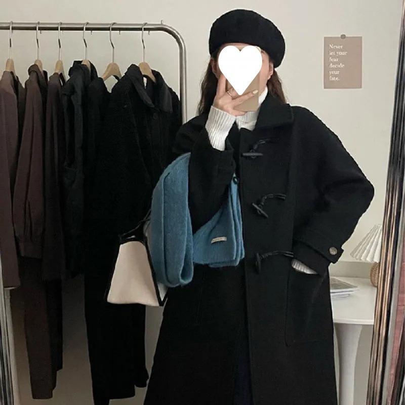 Horn Button Japanese Woolen Coat Women's Autumn and Winter New Long Woolen Coat Little Man