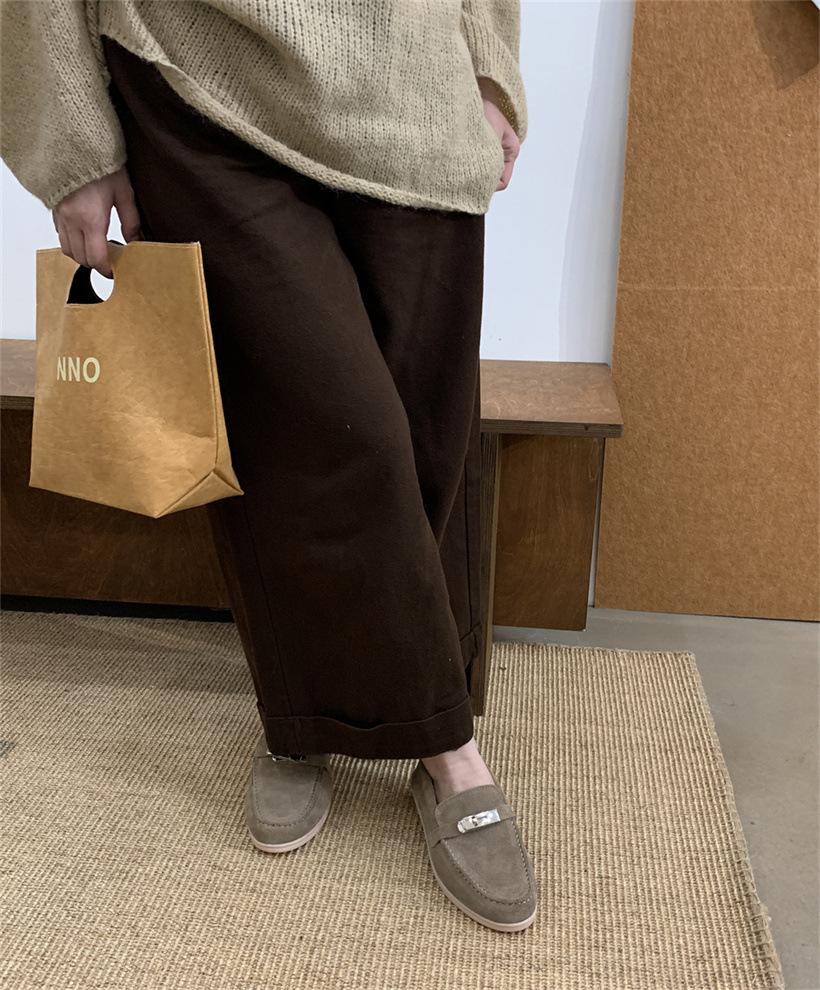 Retro suede loafers Doudou shoes one-pedal single shoes autumn and winter soft-soled low-heeled women's shoes British small leather shoes