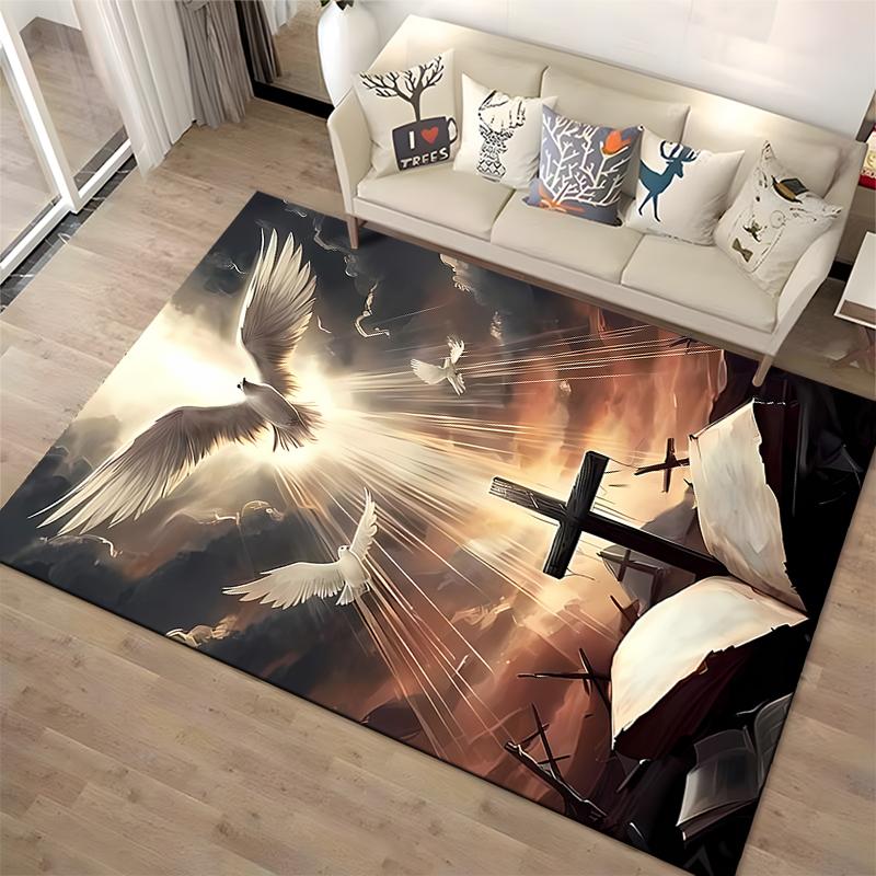 Celestial Doves and Cross Art Rug Non-slip Rug Suitable for Living Room and Bedroom Sofas.