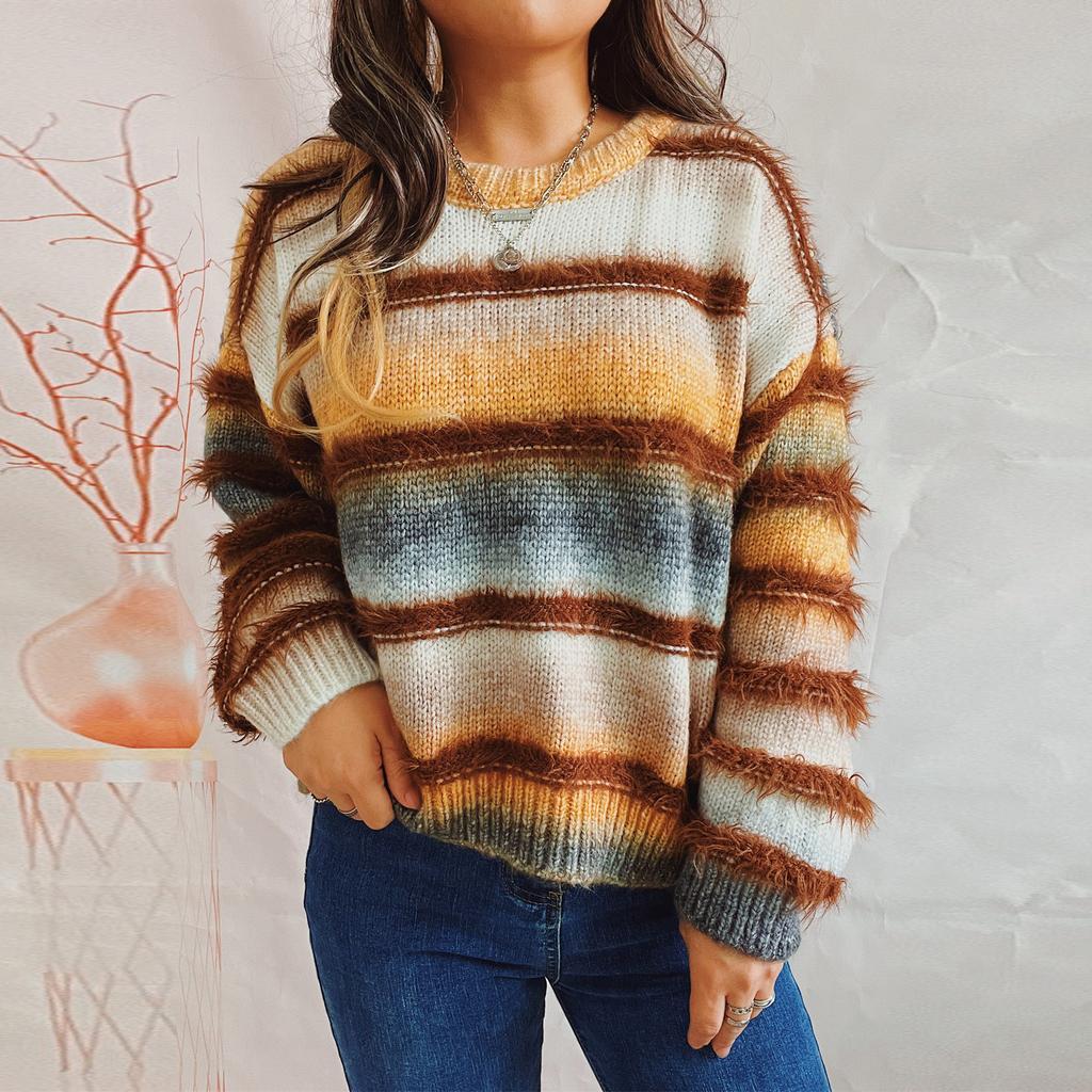 Autumn and winter loose gradient color striped imitation mink knitted round neck long sleeved pullover sweater for women 3557 KTB