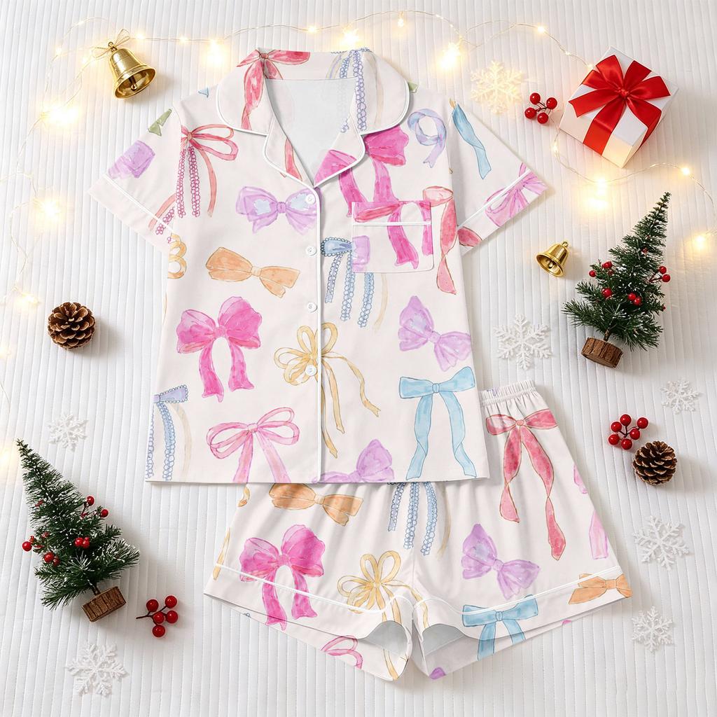 Women's Christmas Pajama Set Short Sleeve Button Down Shirt and Shorts Sleepwear