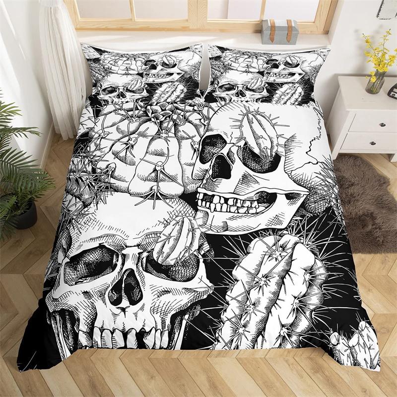 Skull Duvet Cover Set Queen Black Skeleton Paisley Floral Pattern Bedding Set For Teen Adult Polyester Halloween Comforter Cover