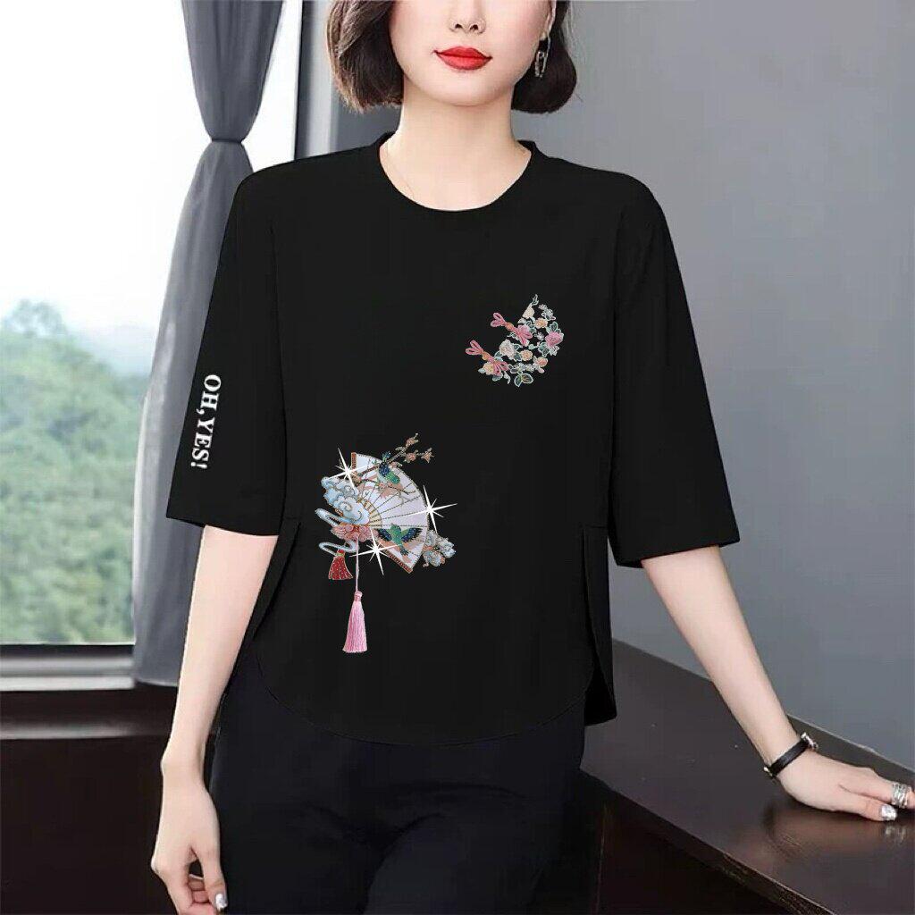 Trendy Printed 3/4 Sleeve T-Shirt for Moms: Loose, Slimming, Belly-Covering, Age-Reducing Top for Middle-Aged and Elderly Women