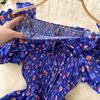 French Retro Floral Slimming High-Waist Long Dress with Pleated Drawstring and Big Swing Hem