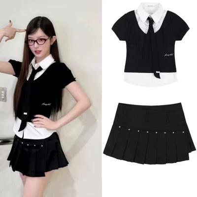 In-Stock Korean-Style Pleated Skirt Set: Park Min-jung Trendy Two-Piece Shirt with Tie