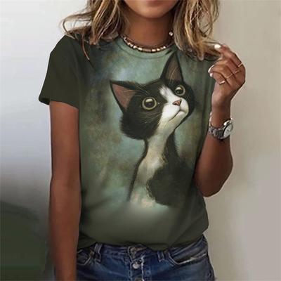 Sommer Damen T-Shirt Katzen Grafikdruck Lässig Kurzarm Damenoberteile Rundhals T-Shirts Street Fashion Kleidung