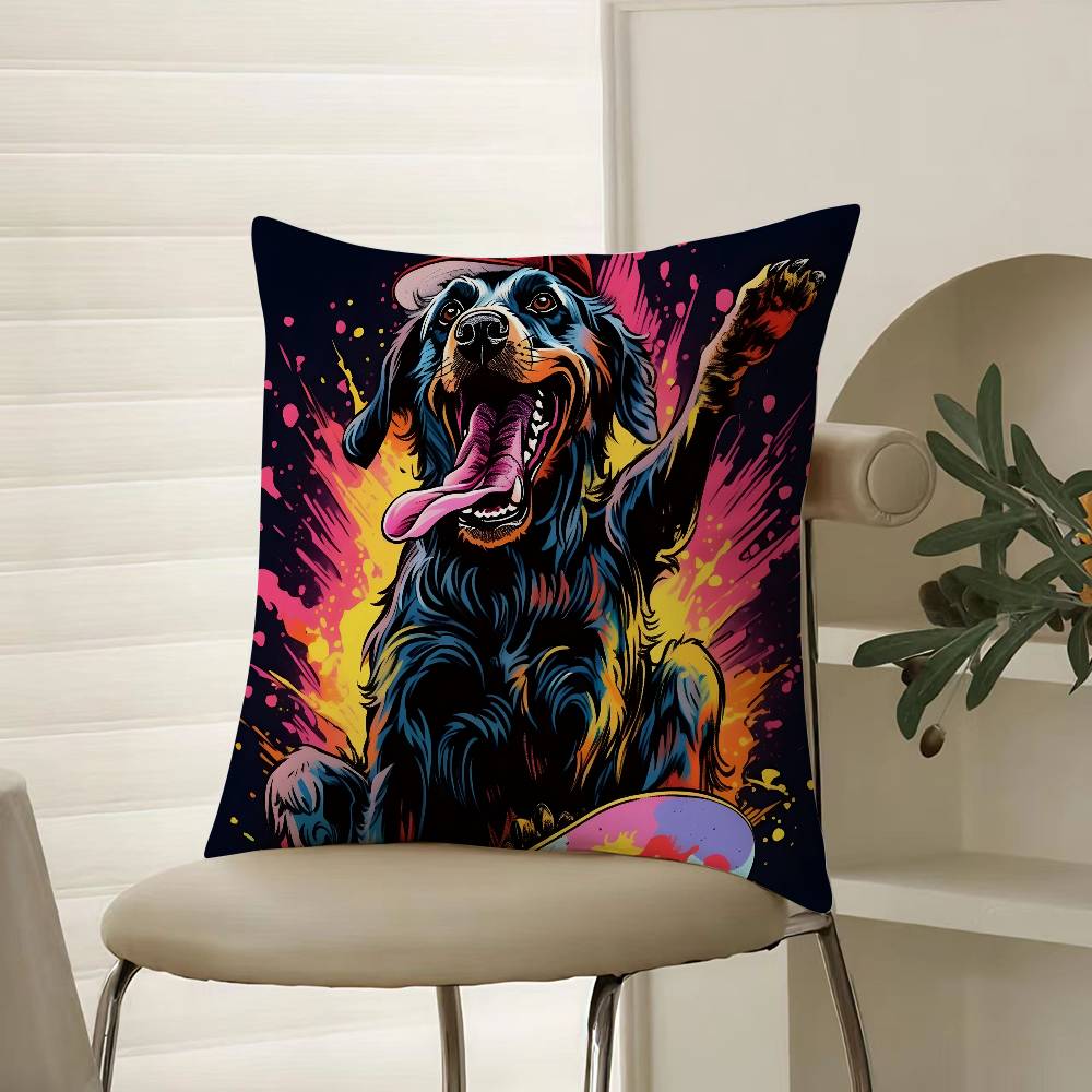 Retro Style Trendy Artistic Dog Pattern Pillow Case Comfort Sofa Bed Silky Elegant Invisible Zipper Decorative Cushion Cover