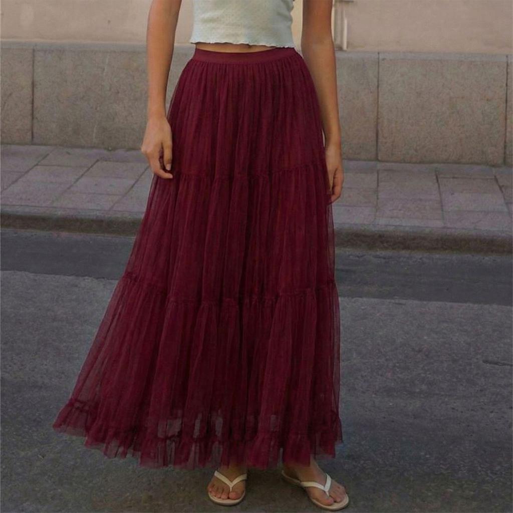 Women’s Fashion Solid Ruched Mesh Tiered Maxi Skirt High Waist Flared Hem Long A Line Skirt Lightweight Layered Design