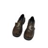 Coarse heel French sense retro brown small leather shoes women's shoes 2025 new metal belt buckle loafer single shoes