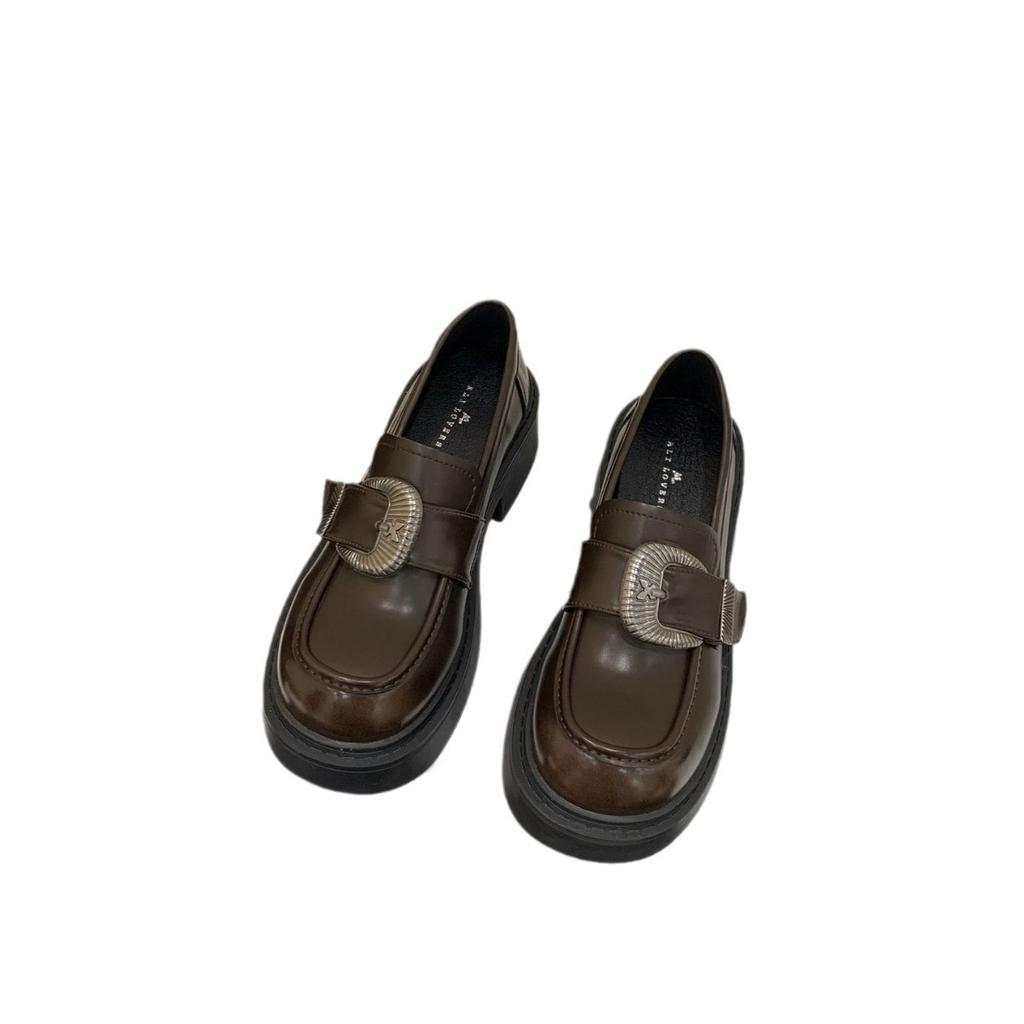 Coarse heel French sense retro brown small leather shoes women's shoes 2025 new metal belt buckle loafer single shoes